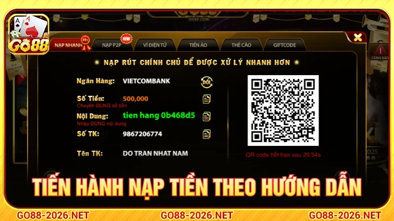 Điền khoản tiền muốn nạp vào tài khoản GO88